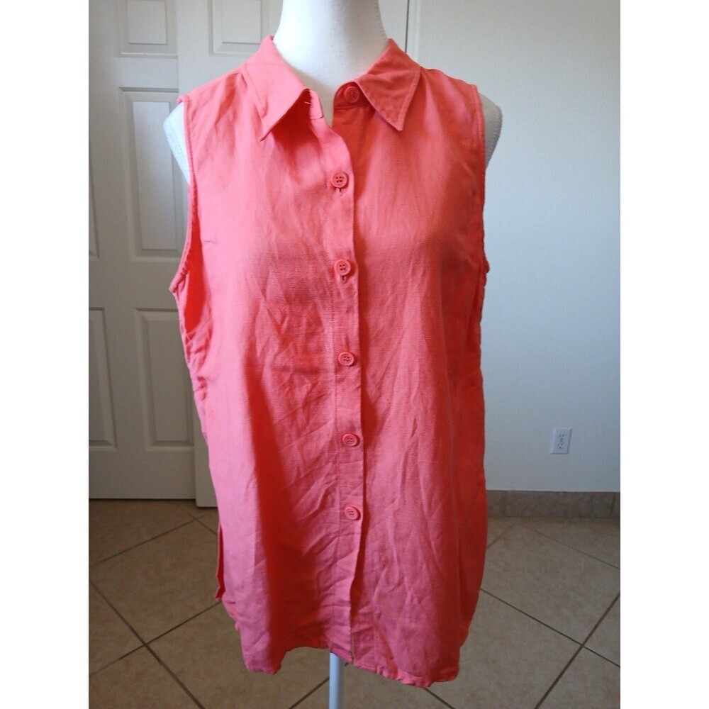 Paul Harris Design Womens Blouse Shirt L Coral Linen Blend Collared‎ Sleeveless